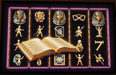 Book of Ra Deluxe Novoline Slot mit goldenem Buch und magentafarbenem Neon-Glow f&uuml;r Freispiele