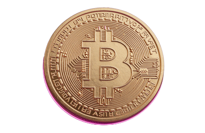 Goldene Bitcoin-M&uuml;nze mit magentafarbenem Neon-Ring-Glow f&uuml;r Krypto-Casino-Einzahlungen