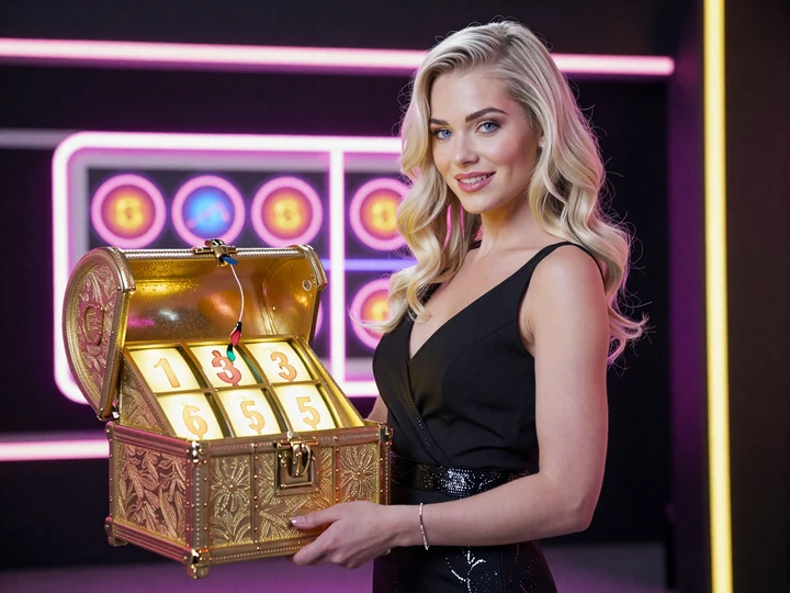 Elegante Model-Spielerin im schwarzen Abendkleid h&auml;lt leuchtende goldenen Slot-Reel-Schatztruhe mit 50 Freispielen