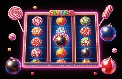 Sweet Bonanza Pragmatic Play Slot mit bunten S&uuml;&szlig;igkeiten und magentafarbenem Neon-Glow f&uuml;r Freispiele